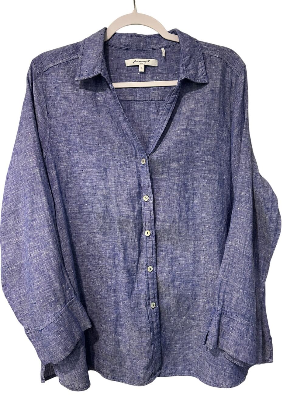 Foxcroft NYC 100% Linen Shirt Minimalist Chambray Blue Button Down Coastal XL